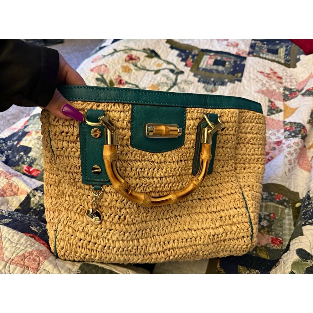 Milly Straw Woven Satchel Top Handle Bamboo/Wood Handles Beige Green Turn Lock